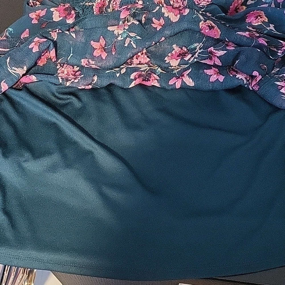 CeCe Floral On or Off The Shoulder Lined Sheer Sleeve Teal Pink Floral Top Sz S - Picture 8 of 9